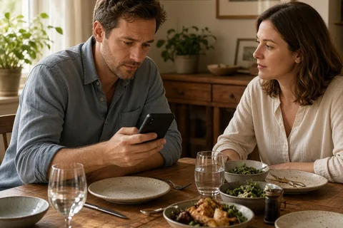 A man and a woman sitting at a dinner table, the man holding his phone as they talk