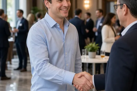 A man in his thirties smiling and shaking hands while stepping away at a networking mixer