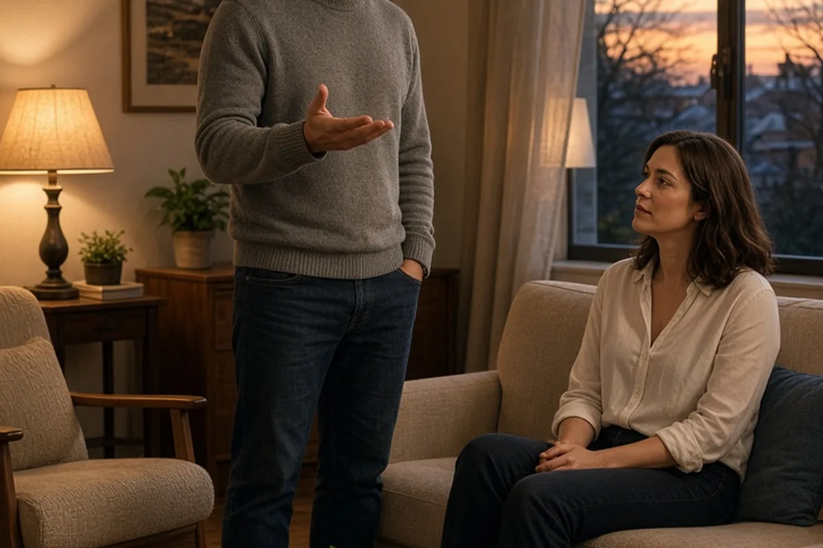 A man in his thirties with short dark hair wearing a gray sweater gestures while speaking to a woman in her early thirties with shoulder-length brown hair wearing a white blouse seated on a sofa in a 