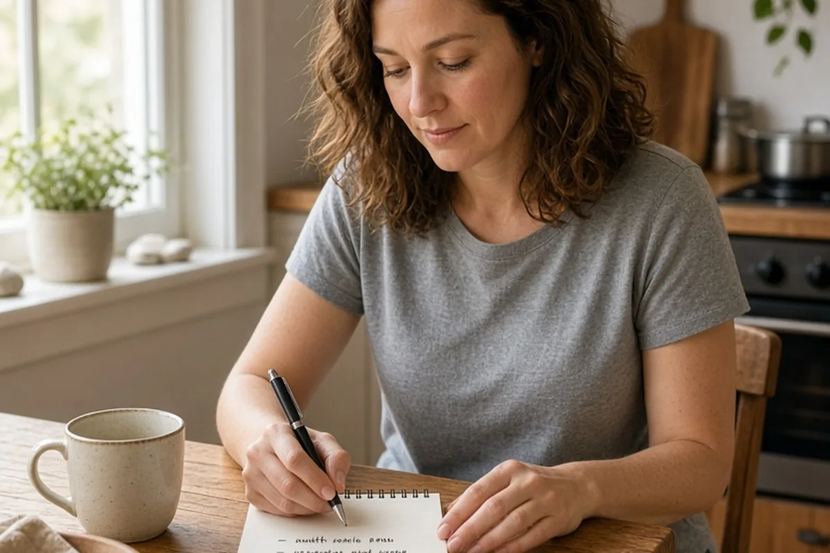 A woman writing notes at a kitchen table with a pen and notepad
