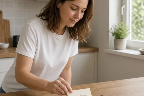 A woman places a handwritten note on a kitchen counter with soft natural light
