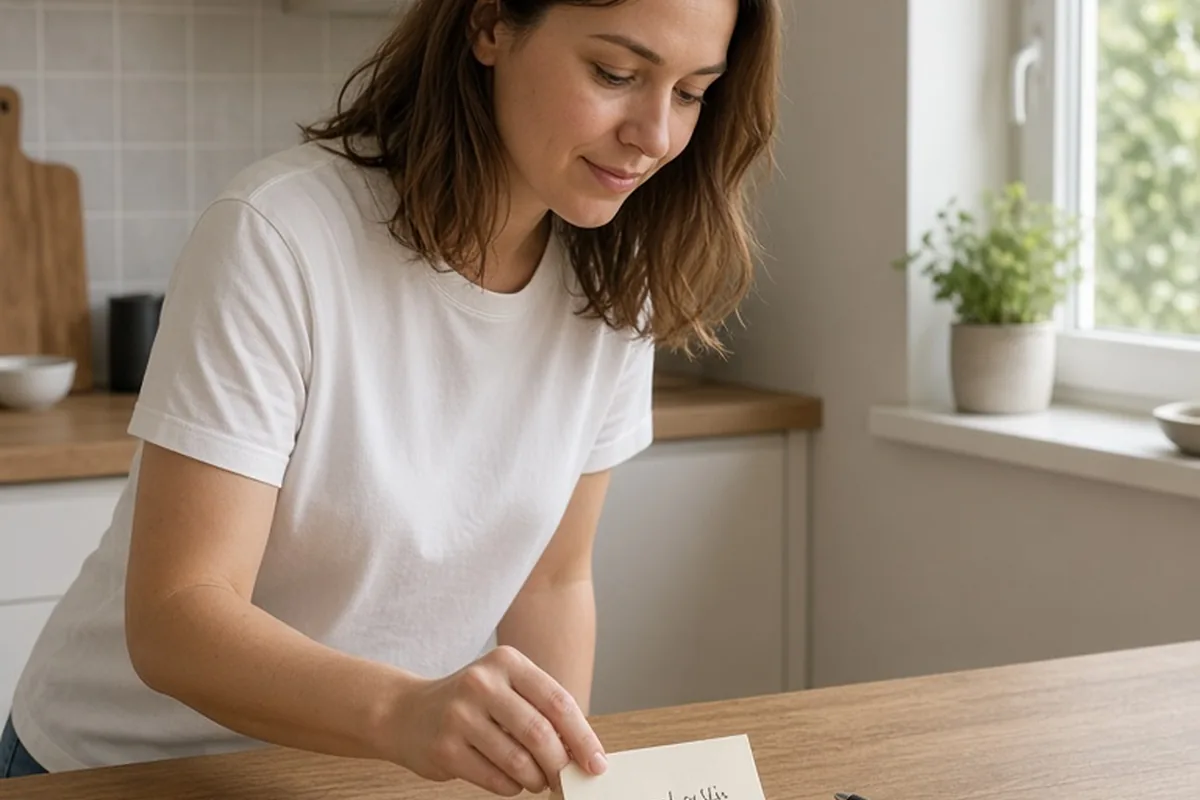 A woman places a handwritten note on a kitchen counter with soft natural light
