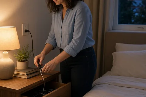 A clearly adult woman in her thirties with shoulder-length brown hair wearing a simple light blue blouse and dark jeans in a bedroom, carefully unplugging and storing her phone charger in a drawer wit