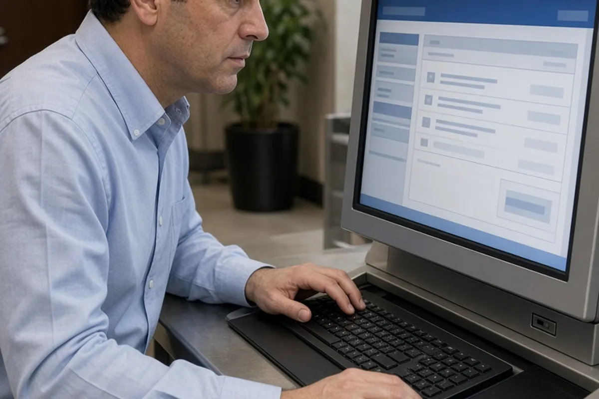 A man seated at a courthouse computer terminal viewing a public court docket search result on the screen