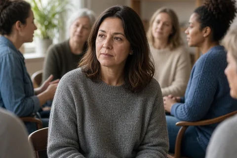 A clearly adult woman in her mid-forties with shoulder-length dark brown hair wearing a casual gray sweater and blue jeans sits in a circle in a support group meeting room holding a notebook and liste