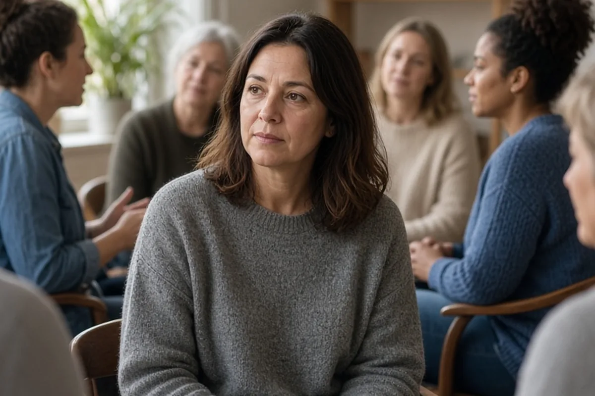 A clearly adult woman in her mid-forties with shoulder-length dark brown hair wearing a casual gray sweater and blue jeans sits in a circle in a support group meeting room holding a notebook and liste