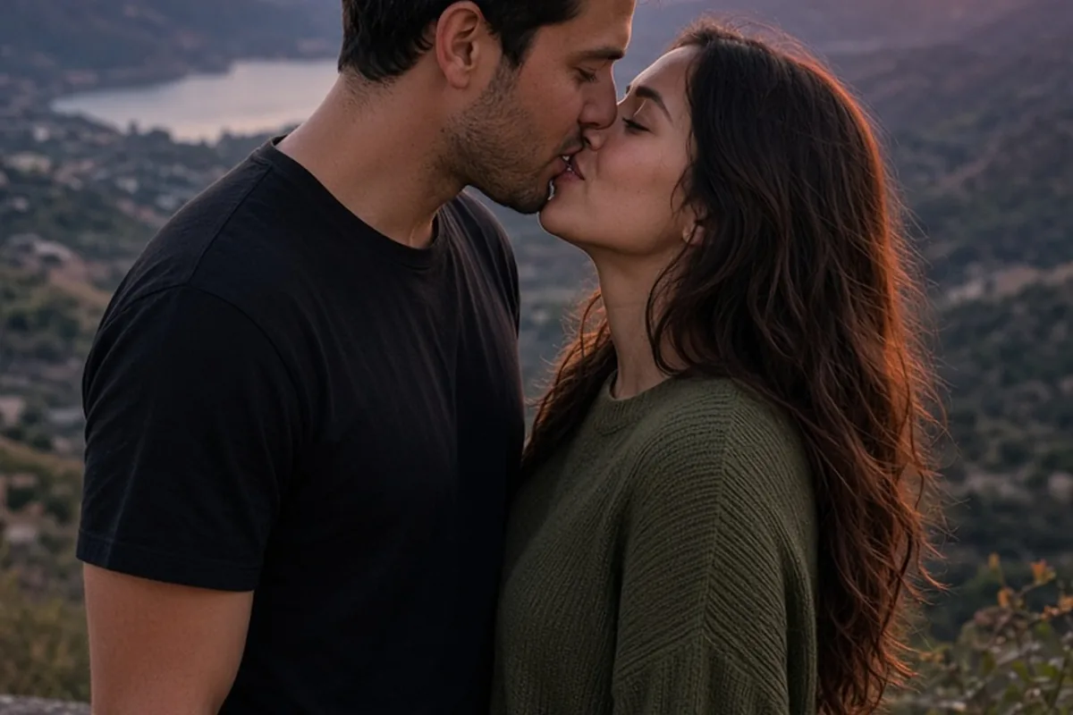 A man and woman kissing intimately on a scenic overlook at dusk with heads tilted, lips parted, and the man's tongue tip gently touching the woman's tongue