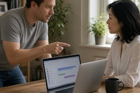 A man in his thirties with short brown hair points at a laptop screen in a home office while a woman in her thirties with shoulder-length black hair listens attentively.