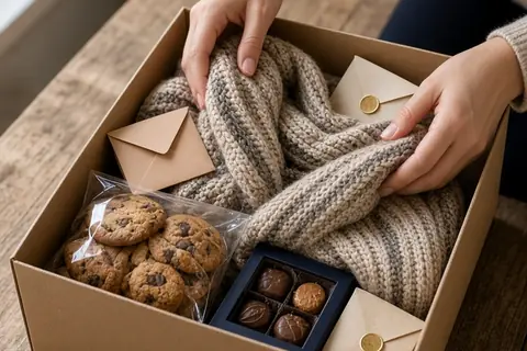 An open cardboard box on a wooden table in a bright home, with a woman's hands placing a folded cozy scarf inside, alongside snacks and envelopes.