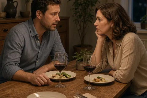 A realistic photograph of a man and woman seated at a wooden dining table in a home setting, with the man looking directly at the woman as he speaks