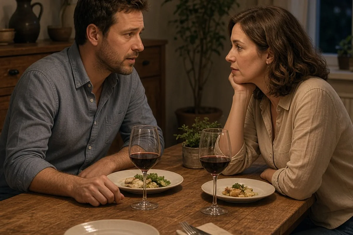 A realistic photograph of a man and woman seated at a wooden dining table in a home setting, with the man looking directly at the woman as he speaks