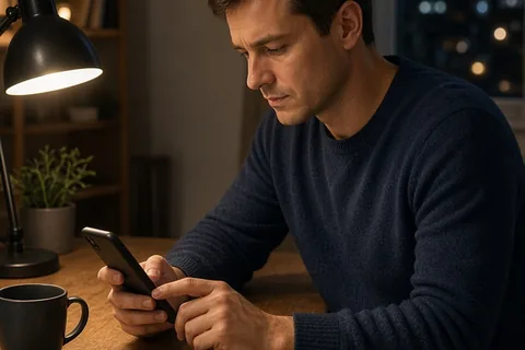 A man in his thirties sitting at a desk in an apartment at night holding a smartphone and typing a response