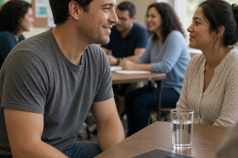 Marcus smiling warmly at an acquaintance in a community meeting room after a flirty compliment, with other people discussing in the background