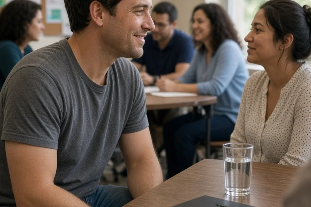 Marcus smiling warmly at an acquaintance in a community meeting room after a flirty compliment, with other people discussing in the background