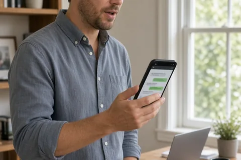 A man in his thirties with short brown hair wearing a casual button-down shirt and jeans standing in a home office at a desk, holding his smartphone and looking at the screen with calm expression.