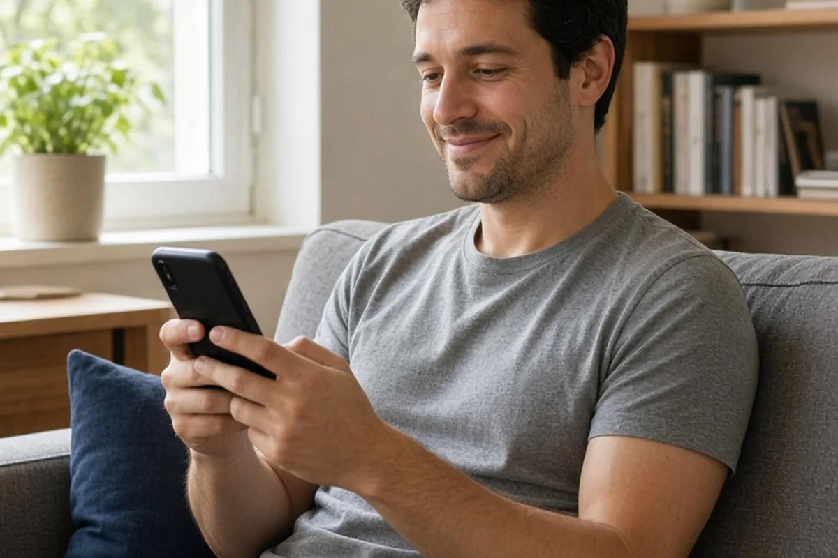 A clearly adult man in his early thirties with short dark hair sitting on a sofa in a modern apartment, smiling while holding a smartphone and typing a reply to a 'hey' message, medium shot from eye-l