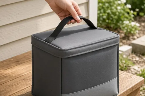 A hand placing an insulated food delivery bag on a wooden porch step outside a house