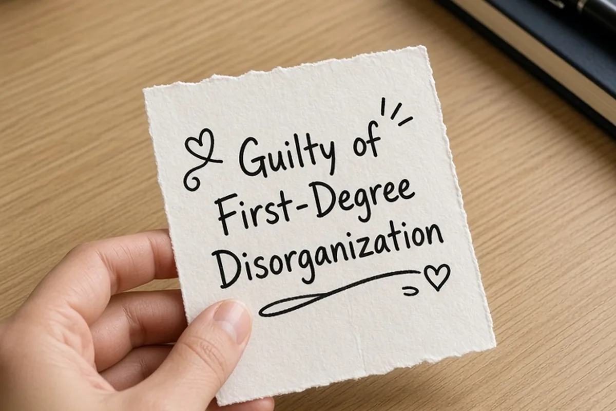 A hand placing a handwritten ticket saying Guilty of First-Degree Disorganization on a wooden desk