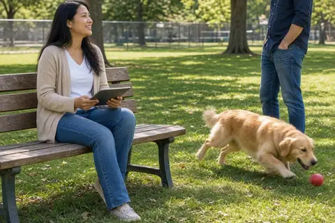 Woman with long black hair sitting on bench at dog park, dog chasing ball, man standing nearby