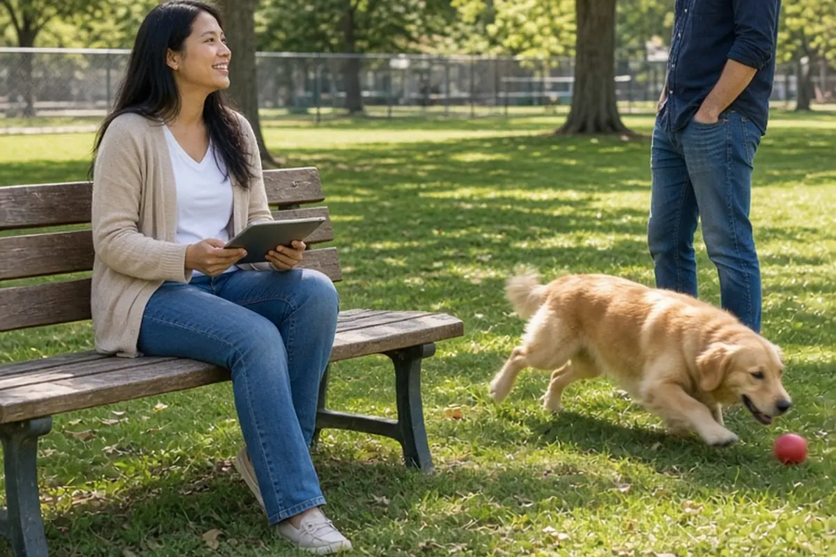 Woman with long black hair sitting on bench at dog park, dog chasing ball, man standing nearby