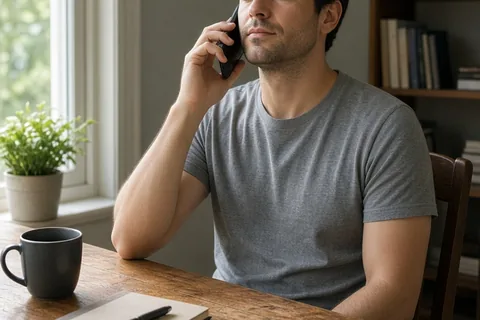 A man in his thirties with short dark hair sitting at a wooden desk holding a smartphone to his ear, eyes closed, taking a deep breath