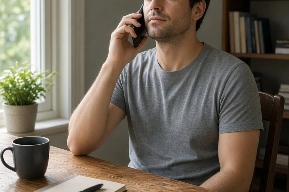 A man in his thirties with short dark hair sitting at a wooden desk holding a smartphone to his ear, eyes closed, taking a deep breath