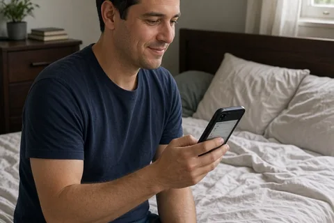 A man in his thirties with short dark hair wearing a casual t-shirt sits on a bed in a bedroom, holding a smartphone and typing a message on the screen, looking at it with a thoughtful expression.