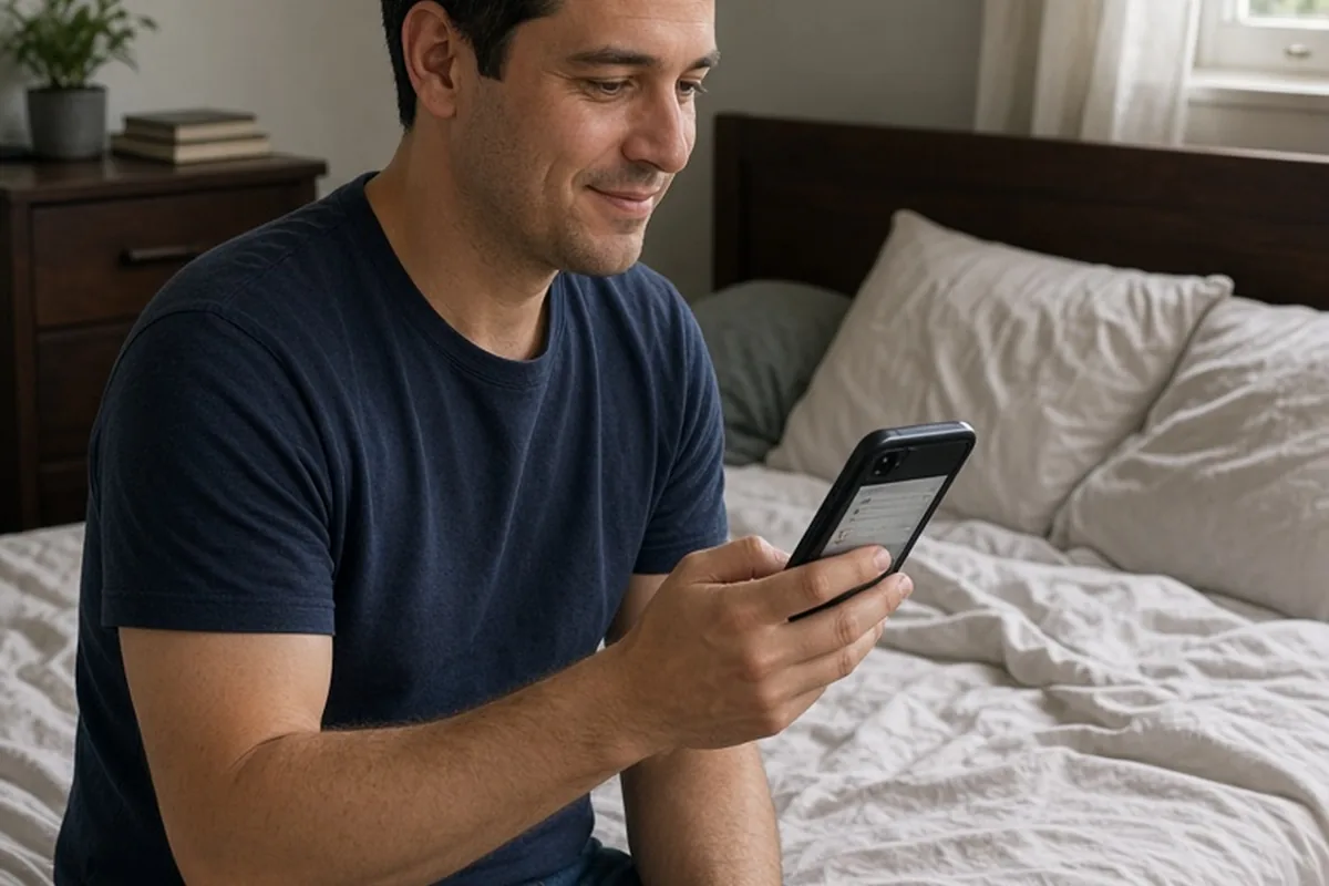 A man in his thirties with short dark hair wearing a casual t-shirt sits on a bed in a bedroom, holding a smartphone and typing a message on the screen, looking at it with a thoughtful expression.