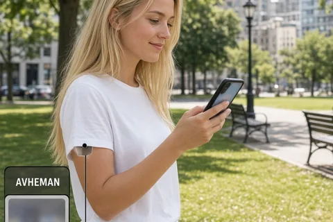A woman in casual clothes holding a smartphone in a park, screen blurred
