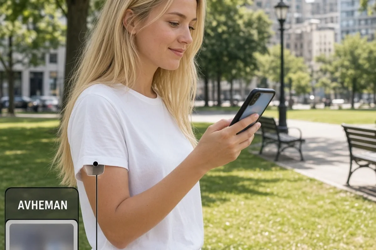 A woman in casual clothes holding a smartphone in a park, screen blurred