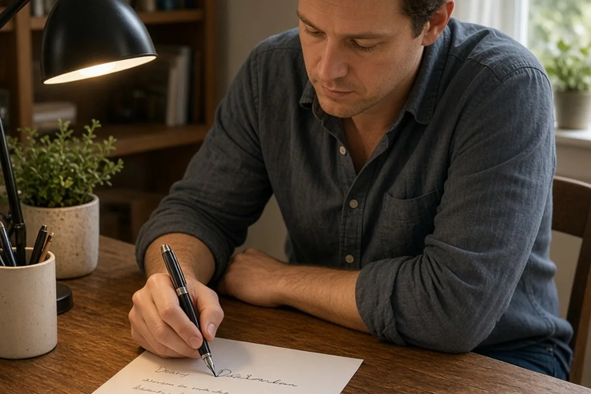 A clearly adult man in his thirties with short brown hair wearing a casual button-down shirt and jeans sits at a wooden desk writing an apology letter with a pen, the paper and envelope visible nearby