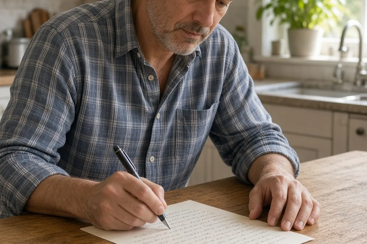 A man in his mid-forties with salt-and-pepper hair writing a love letter at a kitchen table with a pen, paper unreadable, bright natural light from the right window