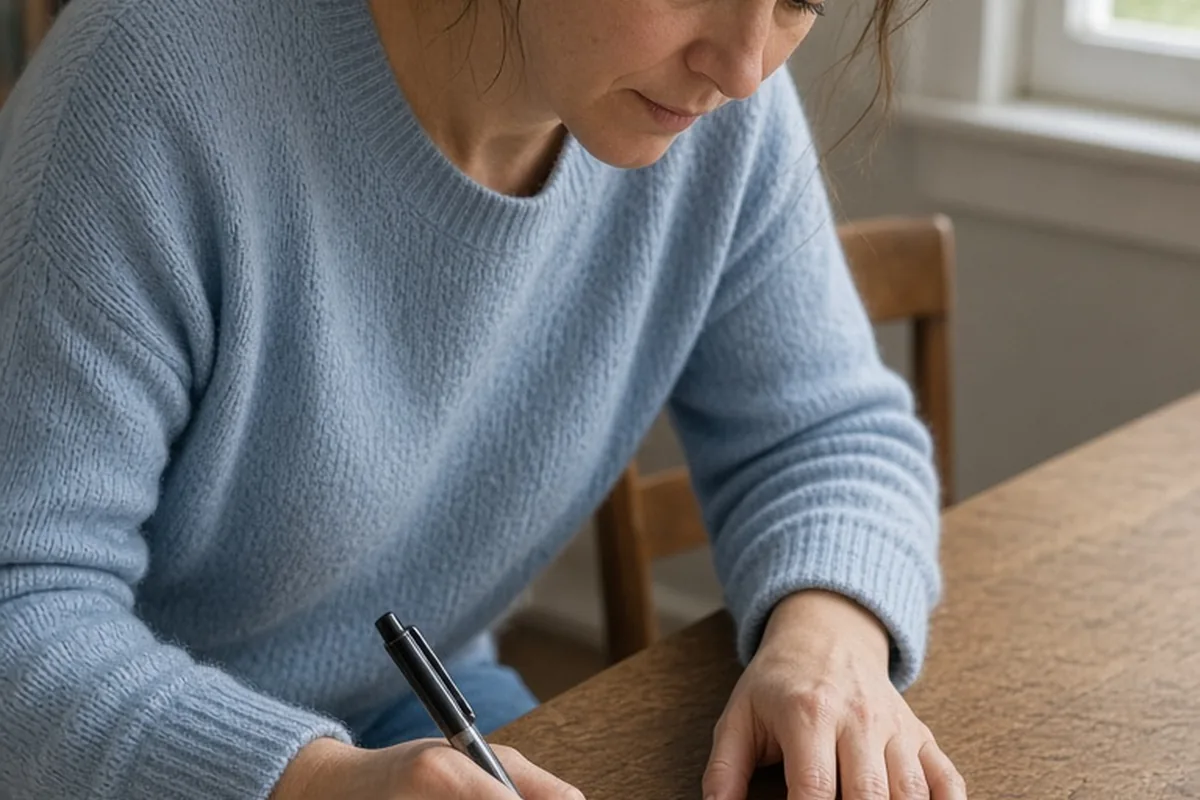 A clearly adult writer at a wooden desk writing a note on a notecard with a pen in soft natural daylight from the side.