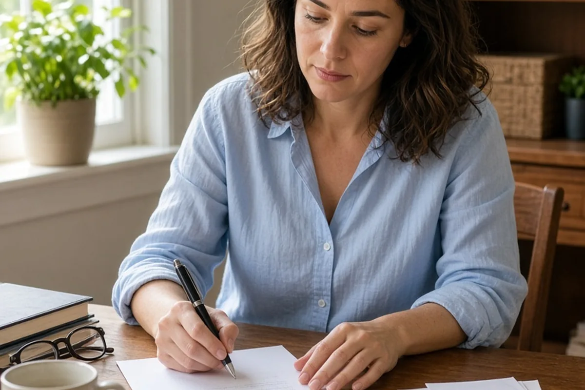 Woman in her early thirties with wavy brown hair wearing a light blue blouse sits at a desk writing a letter with a pen, her expression focused and sincere.