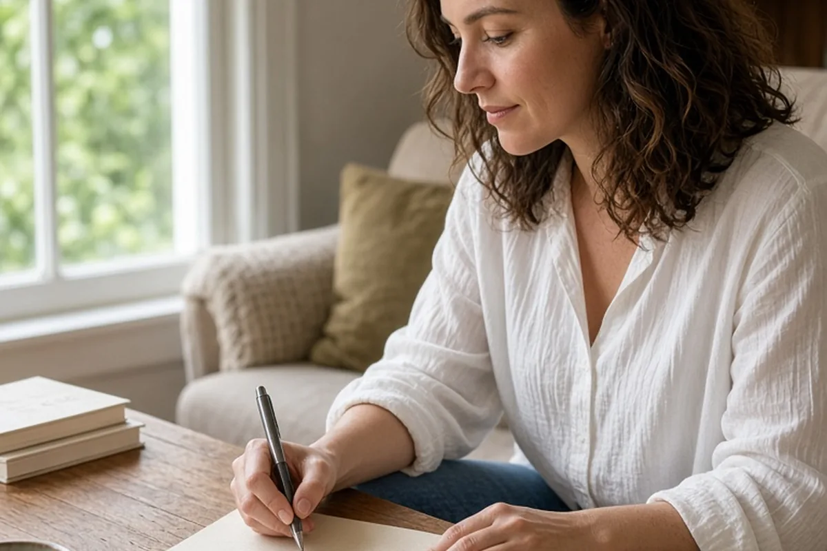 A woman with shoulder-length wavy brown hair writing a short note on paper at a wooden coffee table in a cozy living room