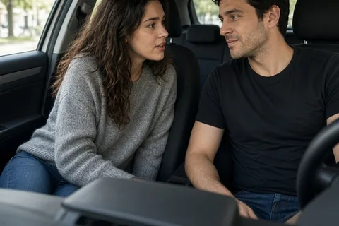 A woman with long wavy dark brown hair in a gray sweater asks a man with short dark hair in a black t-shirt about future plans while sitting in a car during a drive