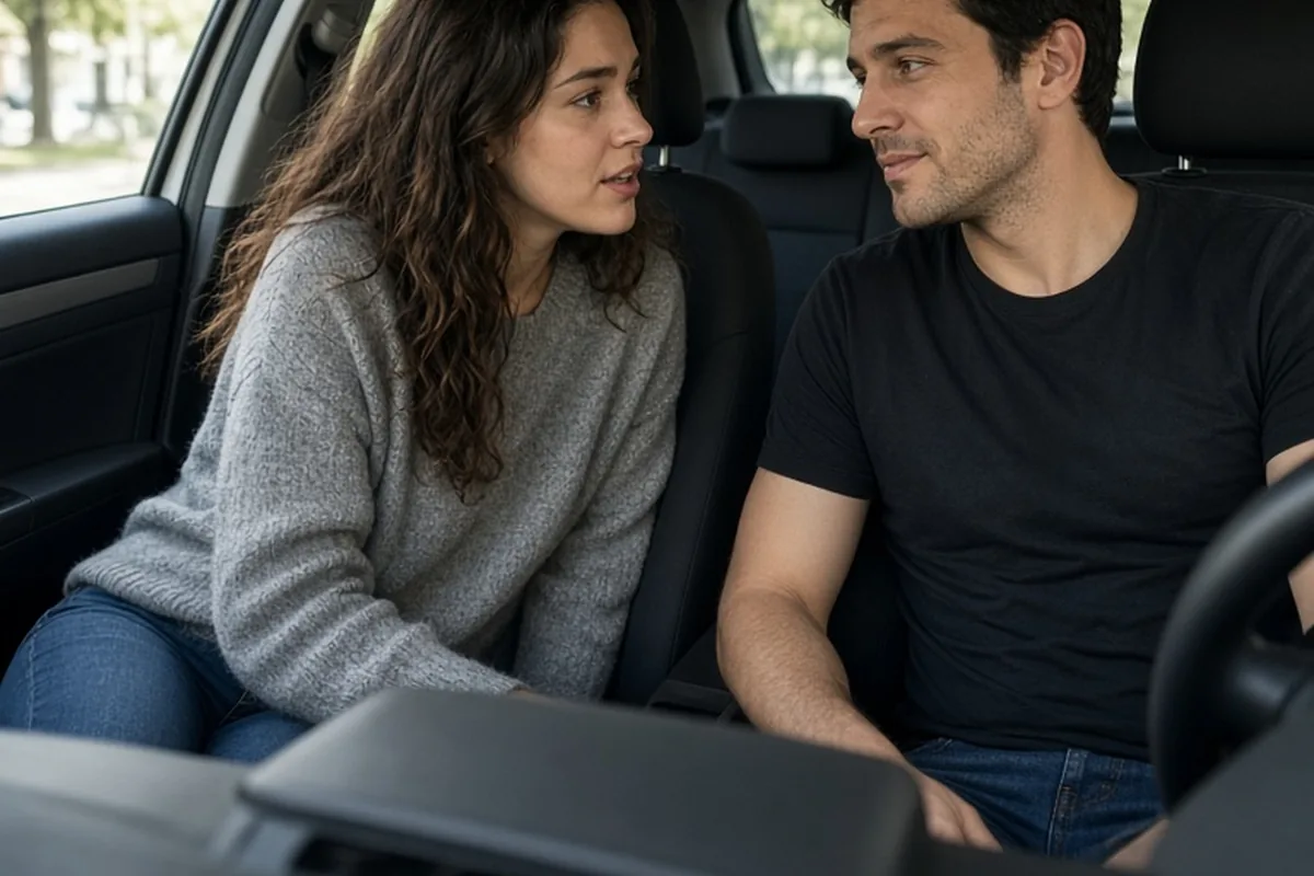 A woman with long wavy dark brown hair in a gray sweater asks a man with short dark hair in a black t-shirt about future plans while sitting in a car during a drive