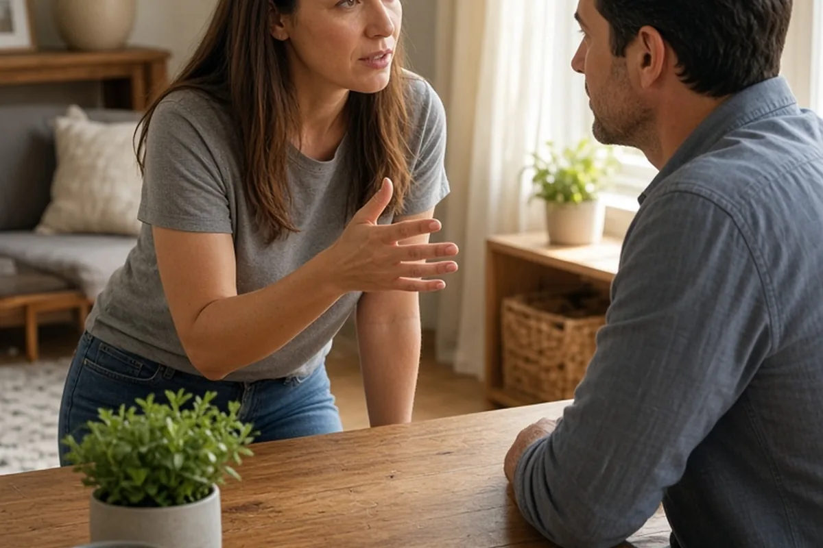 A woman with long straight brown hair speaking earnestly to her partner while seated at a wooden table
