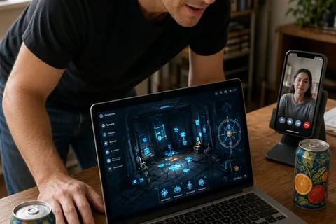 A mid-thirties man with curly brown hair sitting at a wooden desk playing a cooperative escape room game on his laptop, with a smartphone displaying a video call and two craft soda cans on the desk