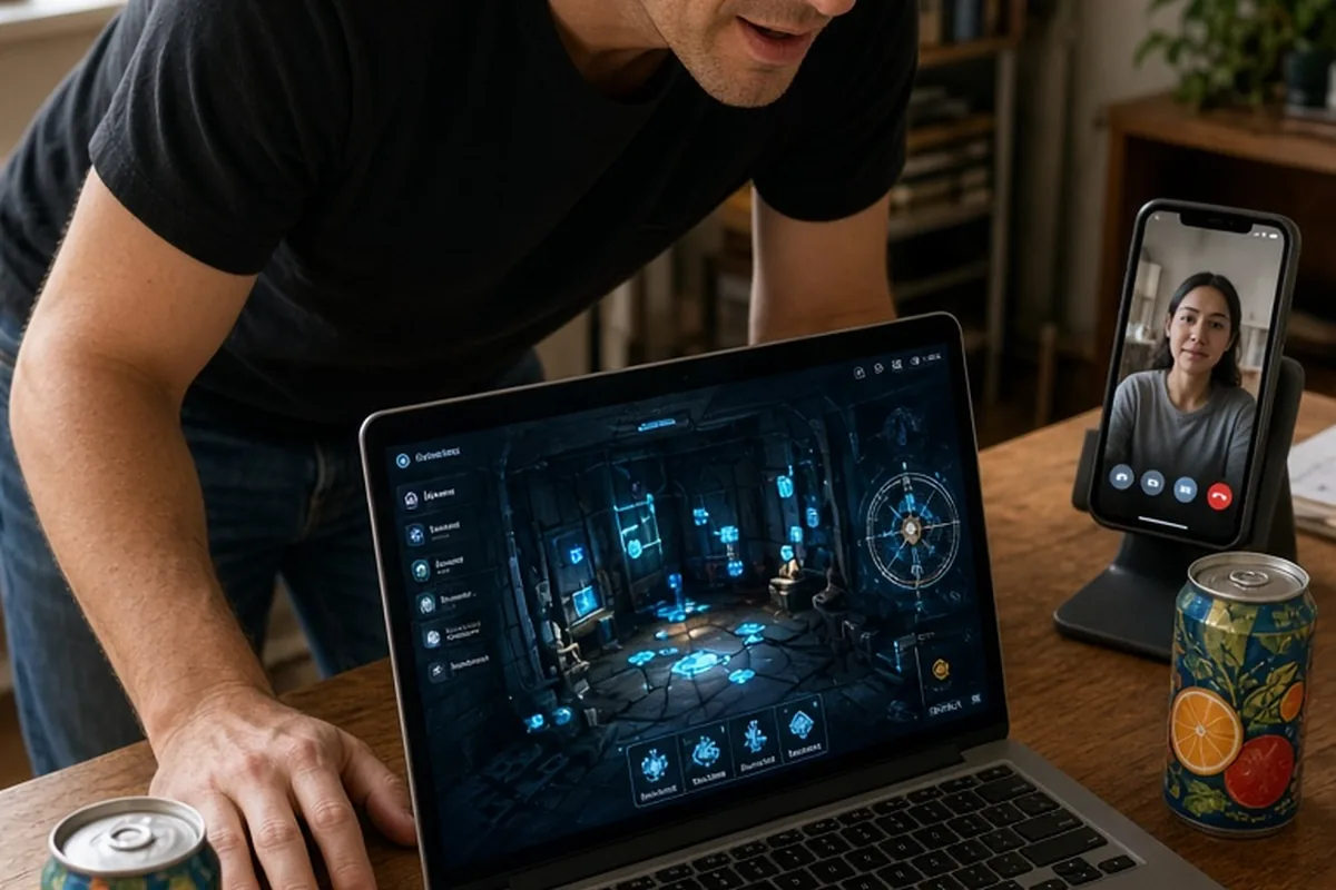 A mid-thirties man with curly brown hair sitting at a wooden desk playing a cooperative escape room game on his laptop, with a smartphone displaying a video call and two craft soda cans on the desk