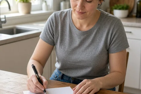 A clearly adult woman in her early thirties with short brown hair wearing a simple gray t-shirt and jeans sitting at a wooden table in a bright modern kitchen and writing a personal note with a pen