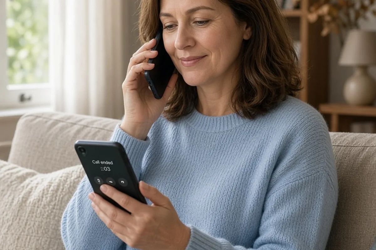 A clearly adult woman sitting on a sofa in her home, holding a smartphone to her ear and calmly ending the phone call