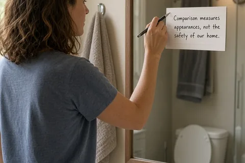 A woman in her thirties with wavy brown hair placing a white note onto a bathroom mirror in a soft-lit bathroom