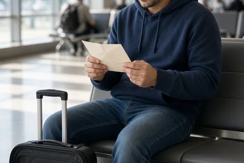 A clearly adult man with short dark hair in a casual hoodie and jeans seated on a bench at an airport terminal reading an open envelope with a carry-on suitcase on the floor beside him