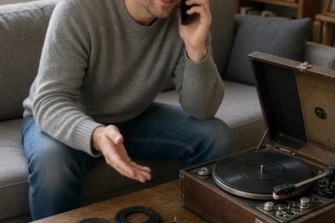 A man in his thirties with short brown hair sitting in a living room holding a smartphone to his ear and examining replacement parts for a vintage record player on the coffee table
