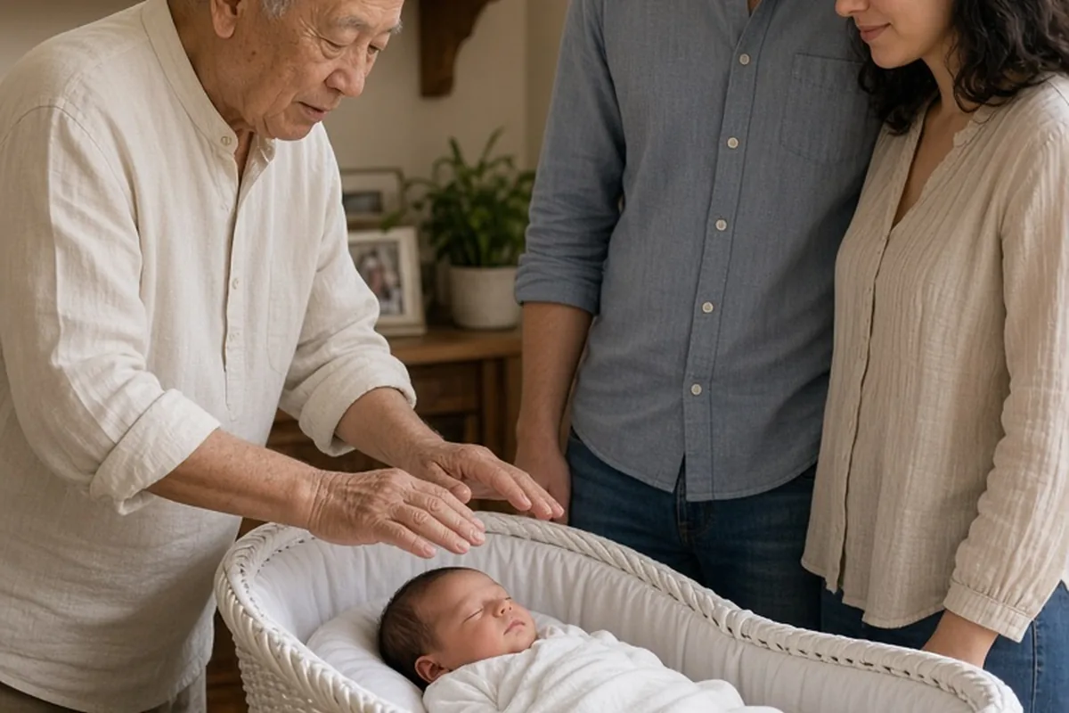 A family elder leading a blessing over a newborn baby with the interfaith couple present in a home living room