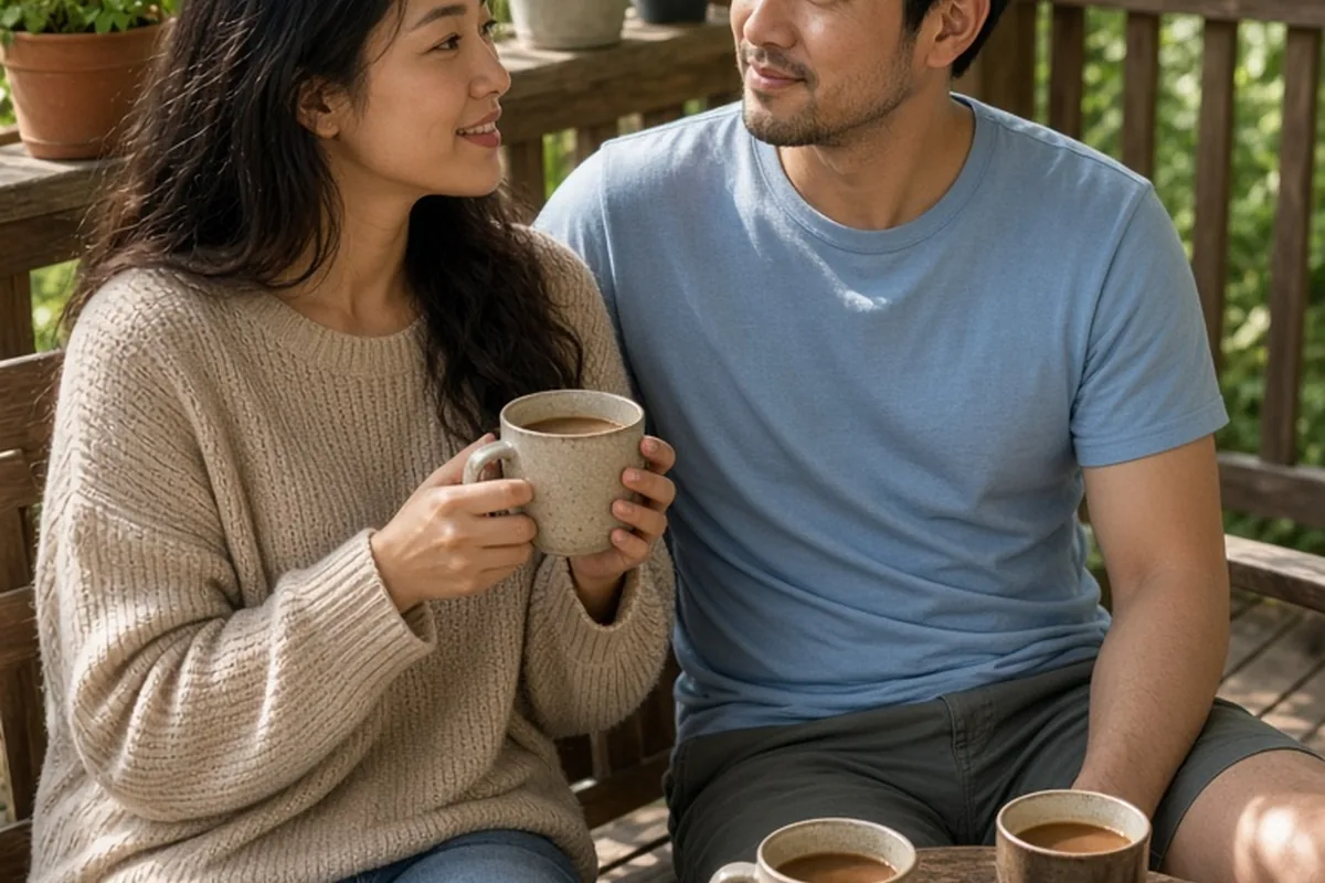 Talia, a woman with long dark hair in a beige sweater, brings coffee to a wooden table on her porch and sits with her partner Jordan, a man with short black hair in a light blue t-shirt, as they talk 