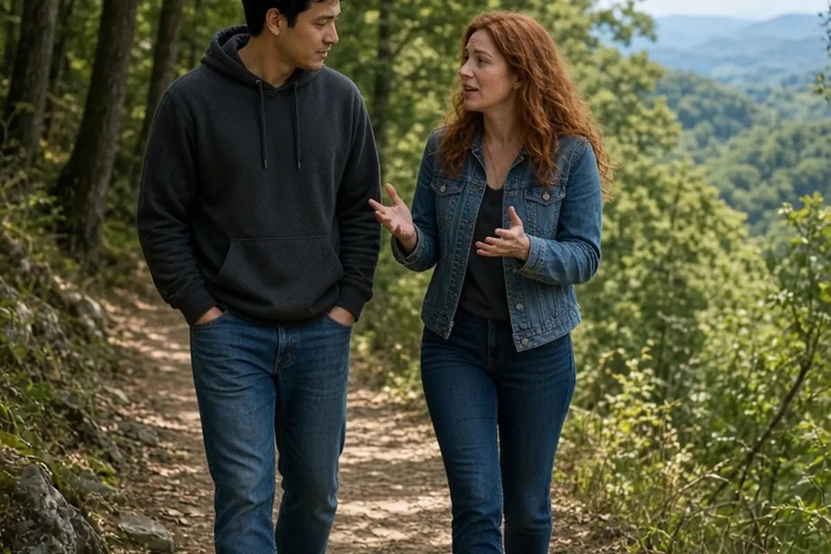 A woman with long wavy red hair and a man with short black hair walking on a woodland trail in conversation, the woman gesturing while speaking and the man listening empathetically
