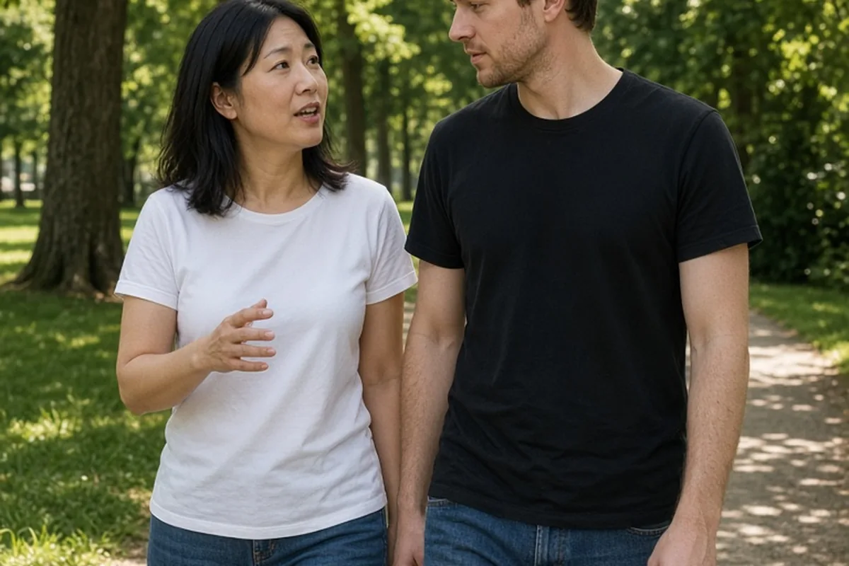A woman with shoulder-length straight black hair wearing a white t-shirt and jeans walking beside a man with short tousled brown hair wearing a black t-shirt and blue jeans, engaged in an earnest conv
