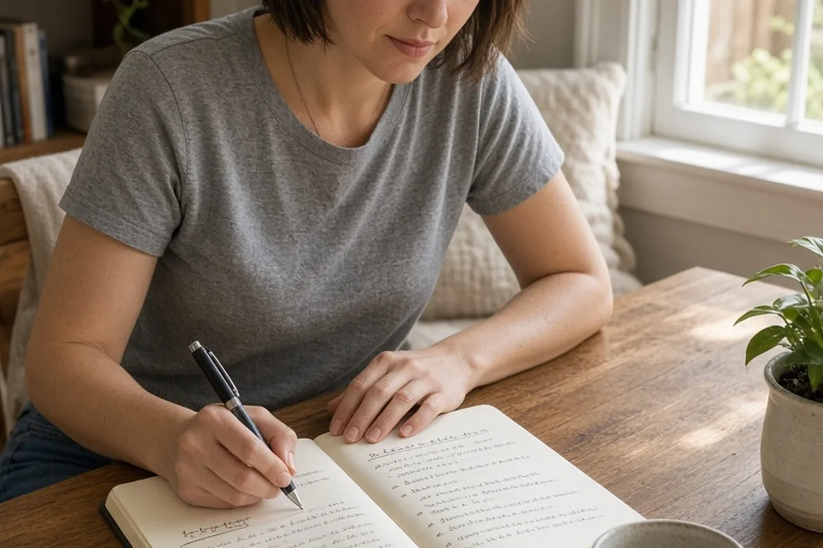 A woman with short brown bob haircut sitting at a wooden desk in a cozy home office, writing in an open journal with soft daylight from the right window.